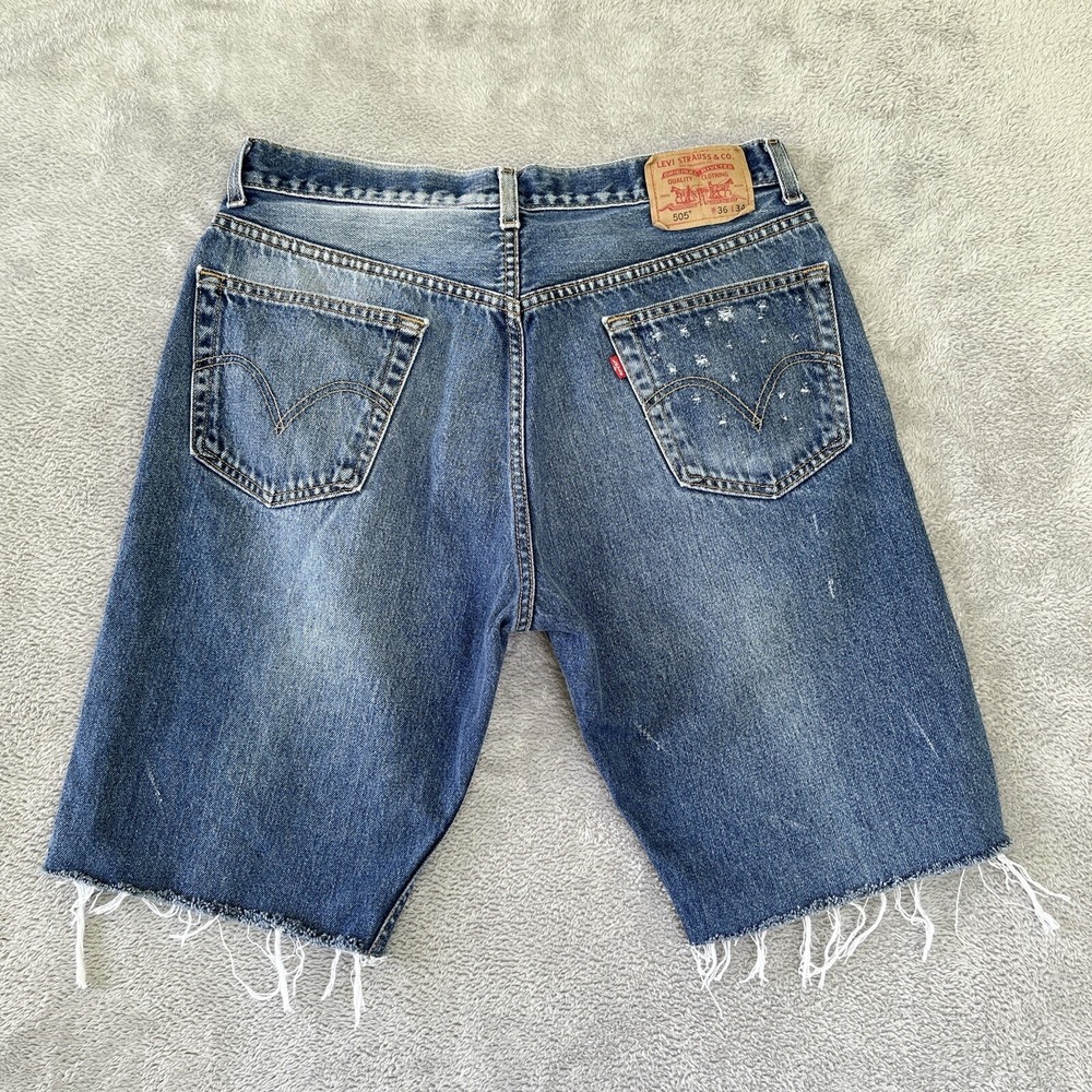 Levis 505 Shorts Mens 36‎ Blue Cutoffs 11.5" Inseam Faded Grunge Denim